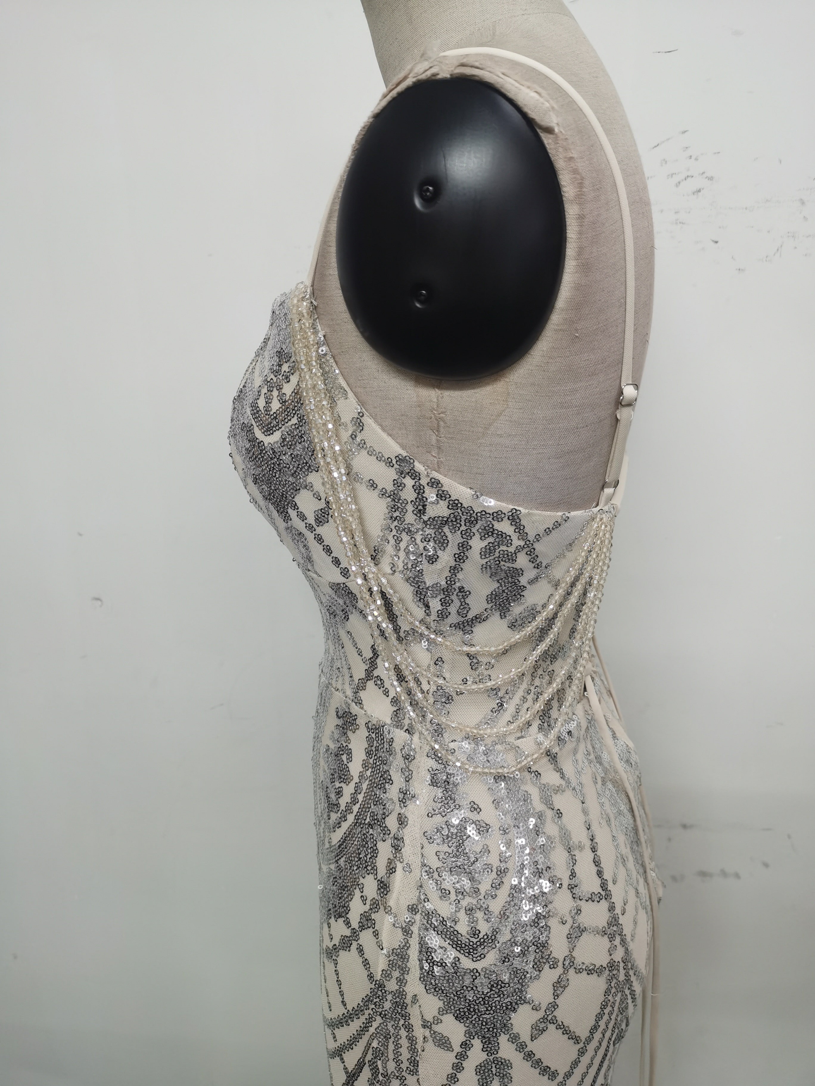 Women beaded sequin fishbone Lace-Up See-Through evening dress 45