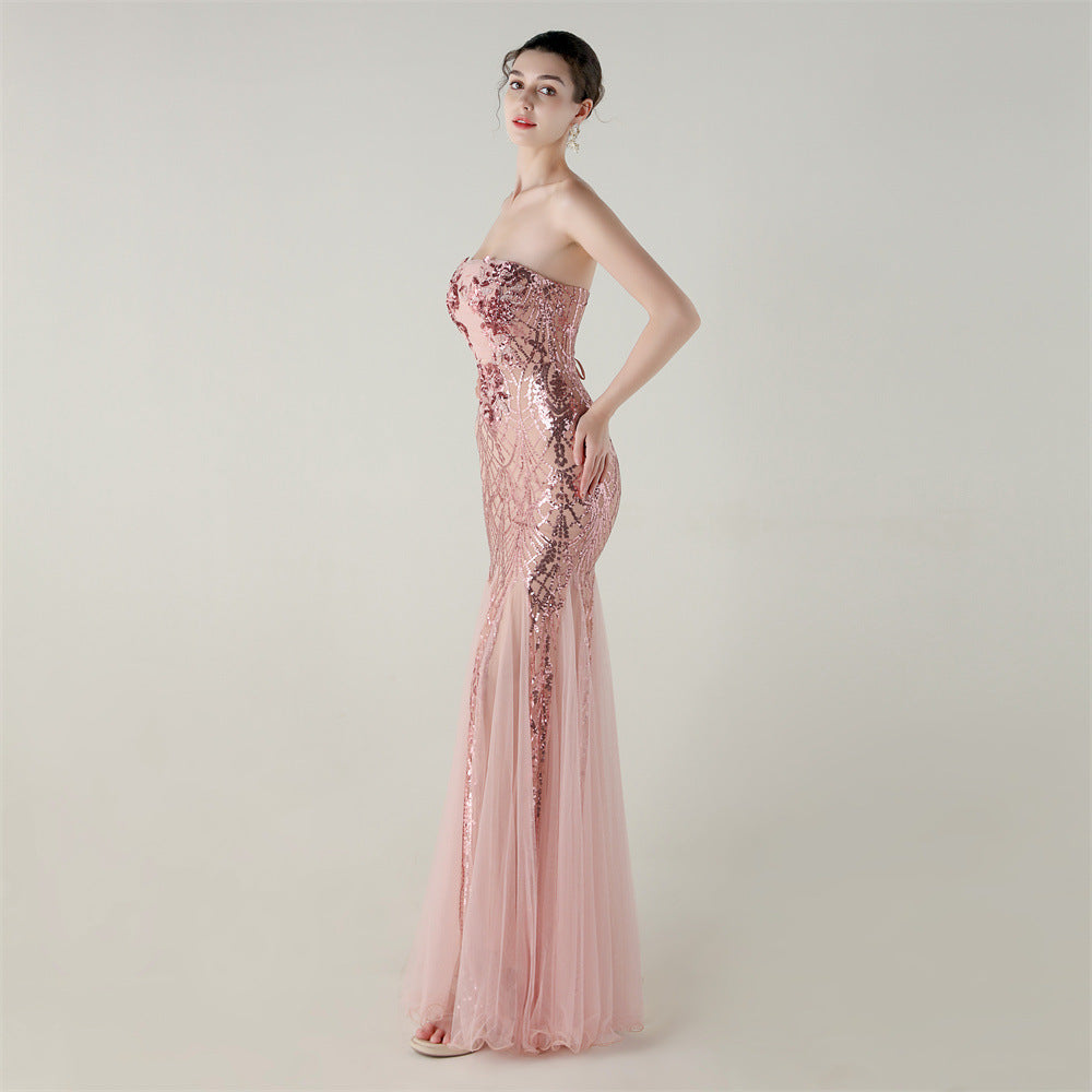 Women Strapless cross Lace-Up sequined tube flower sequined mesh evening dress Formal Party evening dress 83