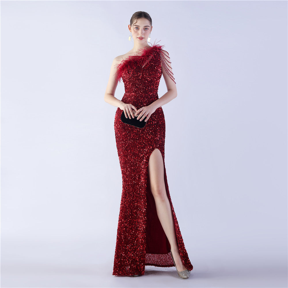 Sexy Feather Sequins Slash Shoulder Side Slit Evening Dress 12