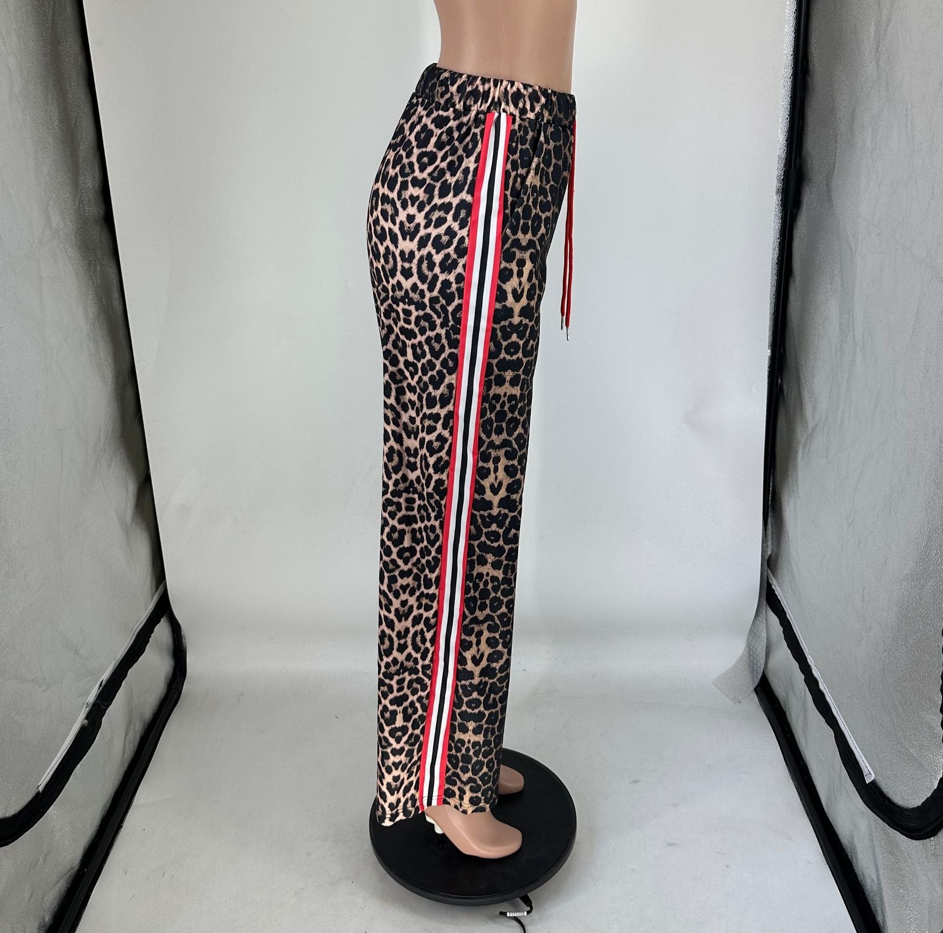 Spring/Summer Fashion Leopard Patchwork Contrast Stripes Casual Straight-Leg Pants 4