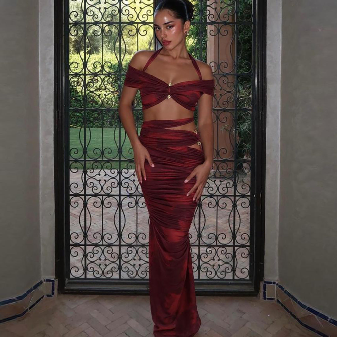 Summer Women's Sexy Halter Neck Off-Shoulder Sleeveless Top & Fitted Ruched Long Skirt Set 6