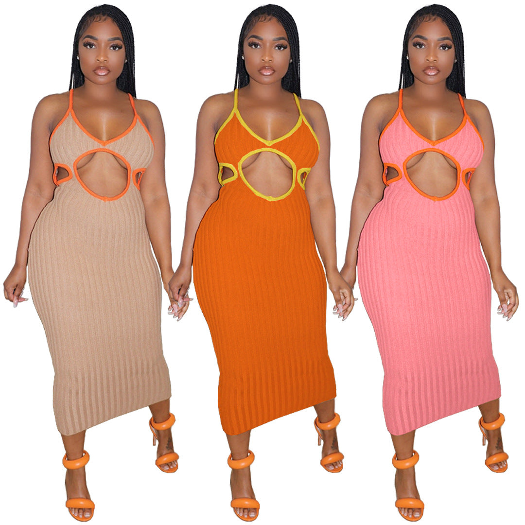 Women'S Solid Color Hollow Knitting Contrasting Color Straps Dress 4