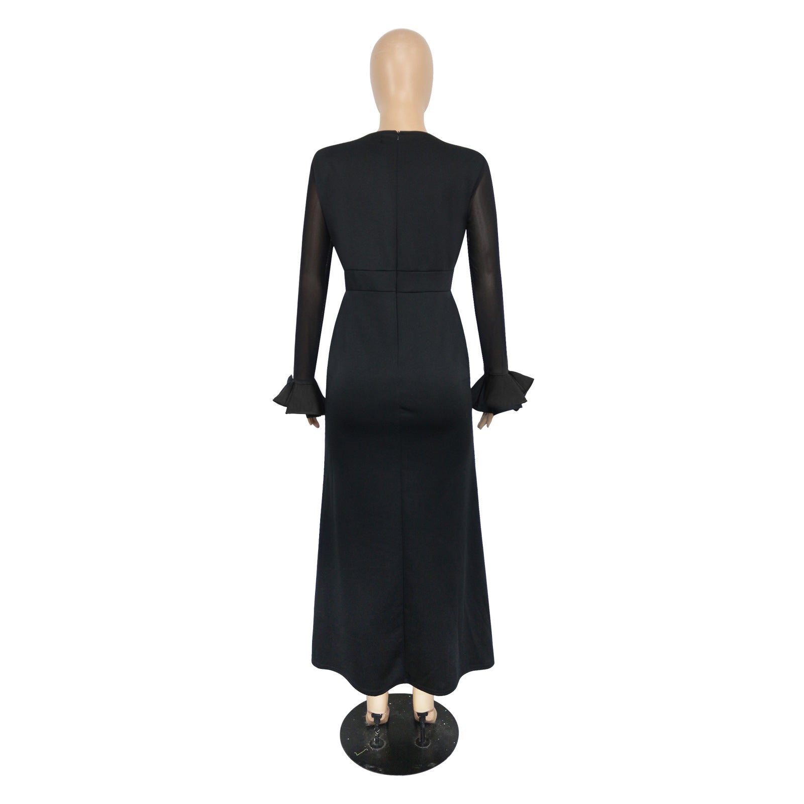 Women's Round Neck Long Sleeve Mesh Patchwork Maxi Dress Solid Plus Size Dress 18