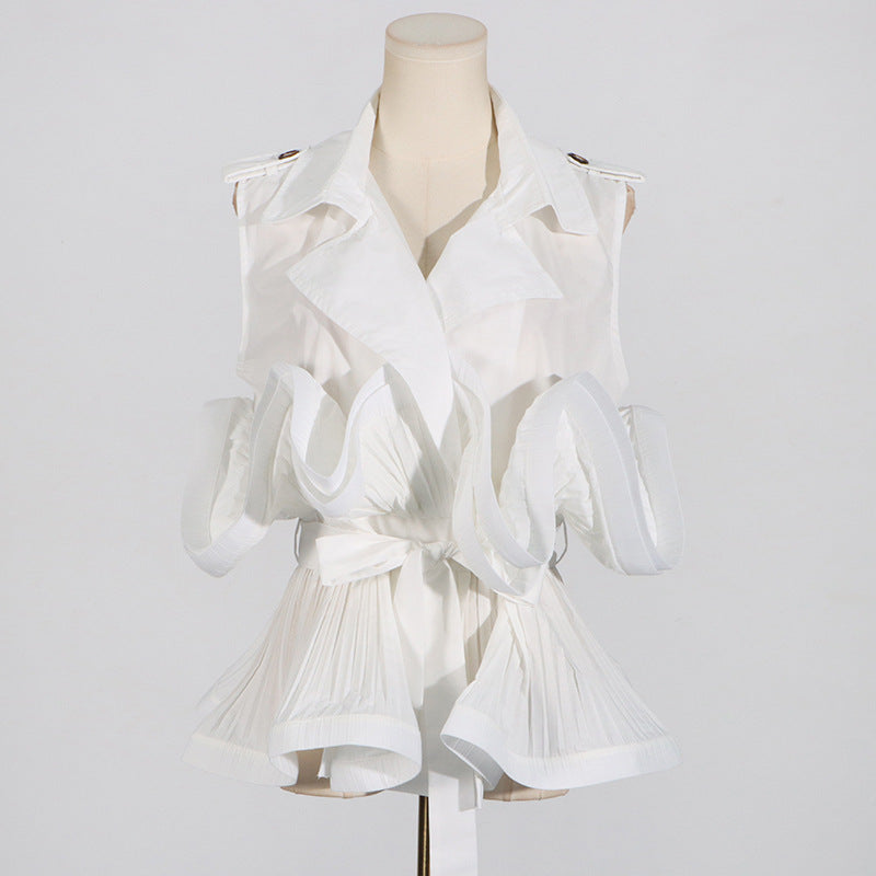 Spring Summer Fashionable Chic Khaki V-Neck Pleated Patchwork Sleeveless Lace-Up Women's Shirt 4