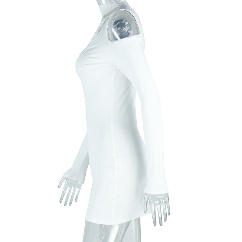 Women's Fashion Sexy Long Sleeve Round Neck Solid Color Tight Fitting Bodycon Short Dress 11