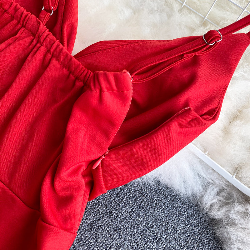 Spring Feminine V-Neck Low Back Slim Waist High Waist Slim Fit Solid Color Straps Basic A-Line Dress 25