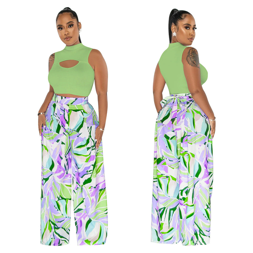 Women's Fashion Sleeveless Round Neck Cropped Top Printed Wide Leg Pants Two-Piece Set 7
