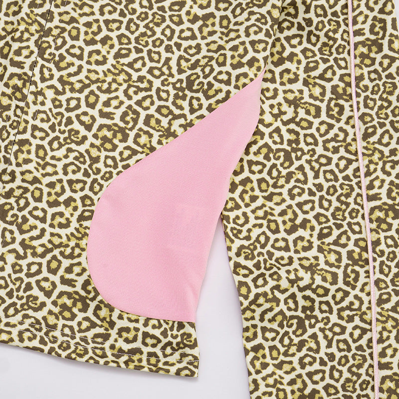 Women's Leopard Print Color Block Long Sleeve Zipper Coat Drawstring Shorts Two-Piece Set 25