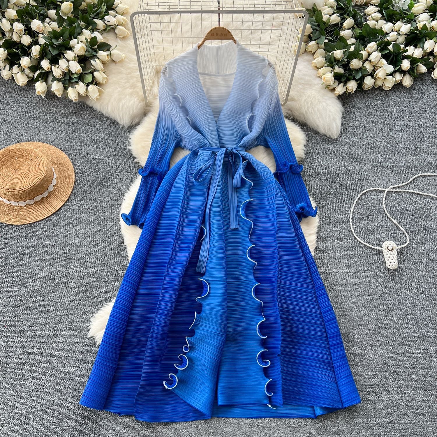 Women Lace-Up Ruffle Edge Pleated Dress 10