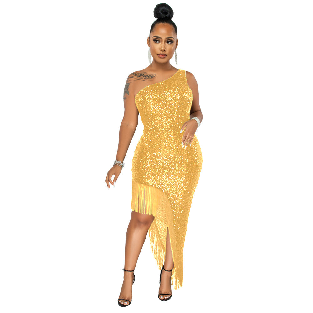 Women Sequined Side Slit Fringe Dress 6