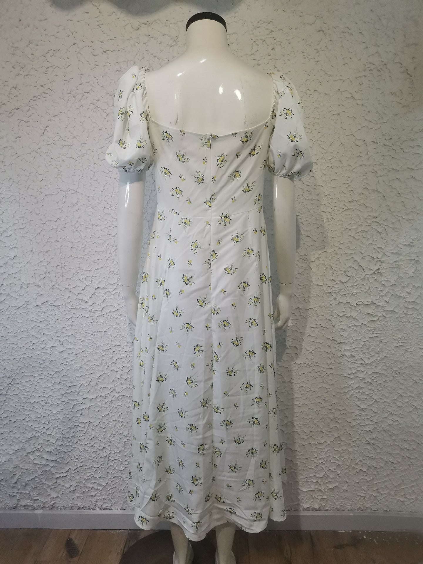 Women's summer fashion puff sleeve floral tie high slit long summer dress 17