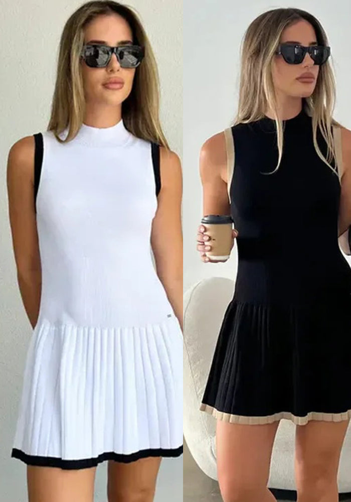 Women's Fashion Round Neck sleeveless pleated Knitting Mini Dress