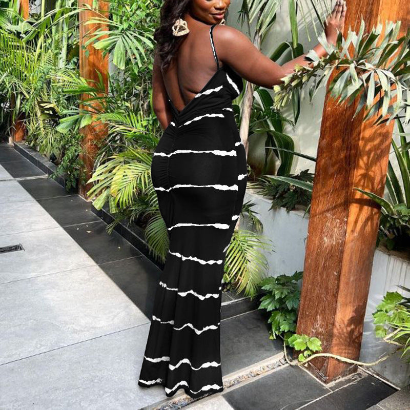 Summer Plus Size Women Stripe Print Sexy V-Neck Suspender Maxi Dress 3