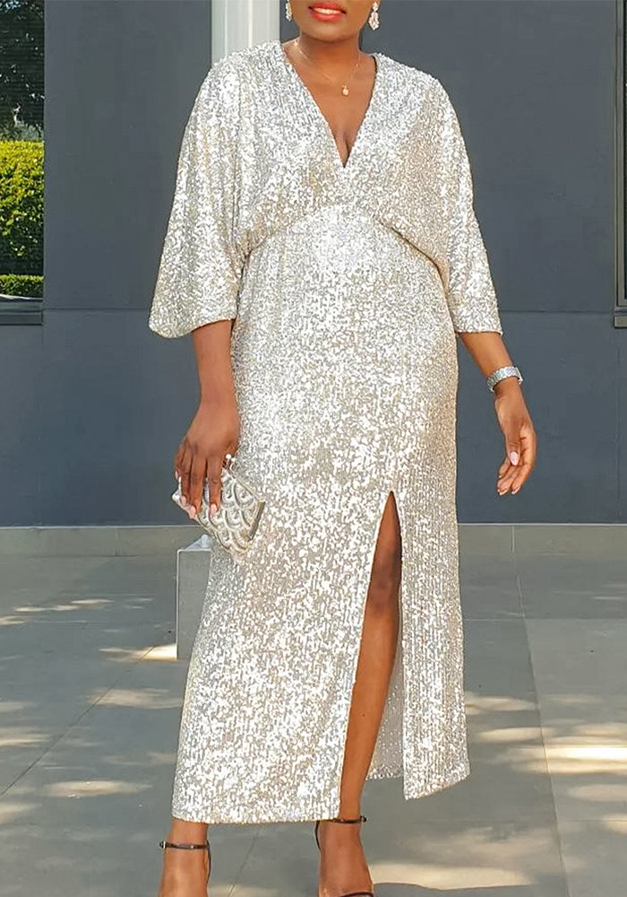 Plus Size Women Autumn V-Neck Sequin Slit Dress