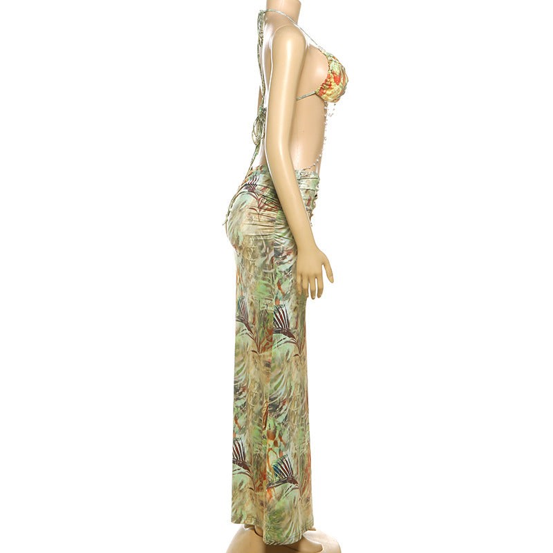 Women's Spring Halter Neck Tie Beaded Chain Slim Low Back Sexy Dress 17