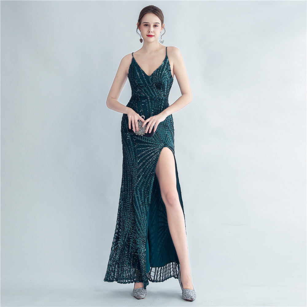 Women Sequined Side Slit Evening Dress 20