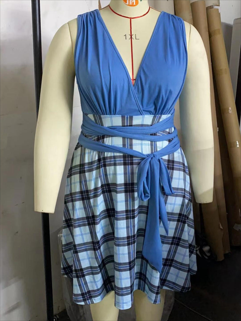 Plus Size Women Deep V Plaid Patchwork Loose Dress 4