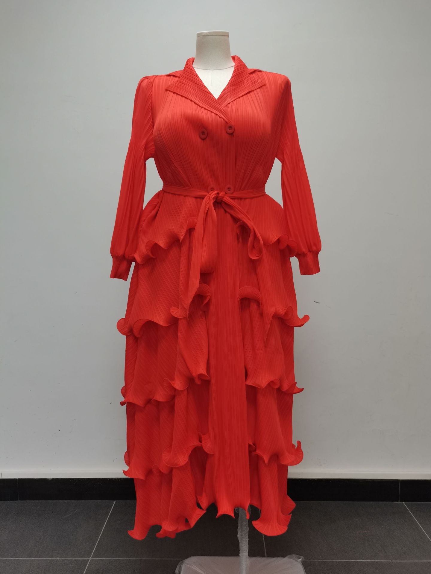 Plus Size Women Pleated Ruffle Edge Lace Lantern Sleeve Dress 10