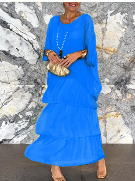 Women chiffon mesh Bat Sleeves Round Neck Long Dress 6