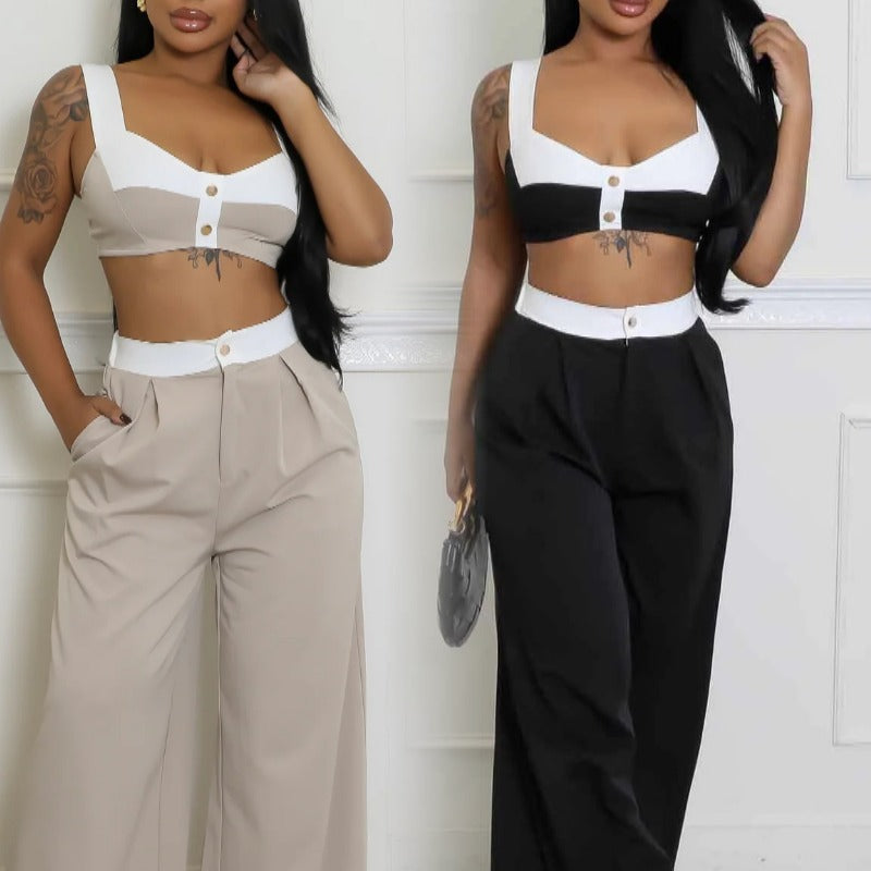 Women's Sleeveless Color-Block High-Waisted Wide-Leg Pants Set 9