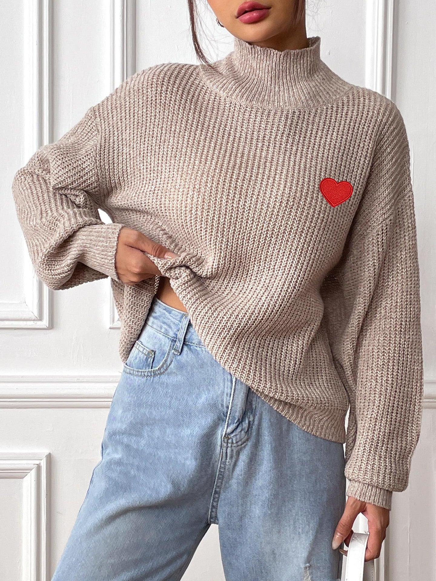 Autumn Winter Heart Embroidery Ladies Half Turtleneck Pullover Sweater 5