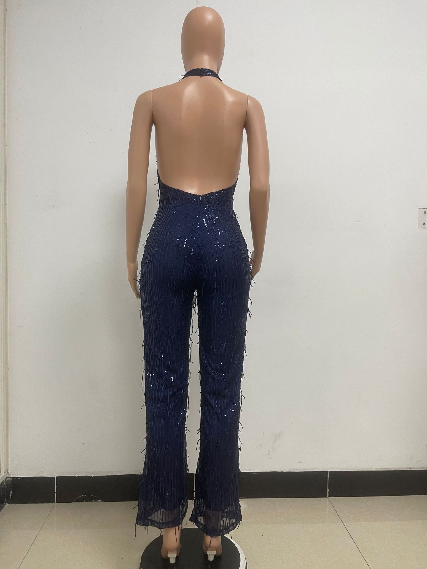 Women's Sleeveless Deep V Halter Neck Low Back Sequin Jumpsuit T 27