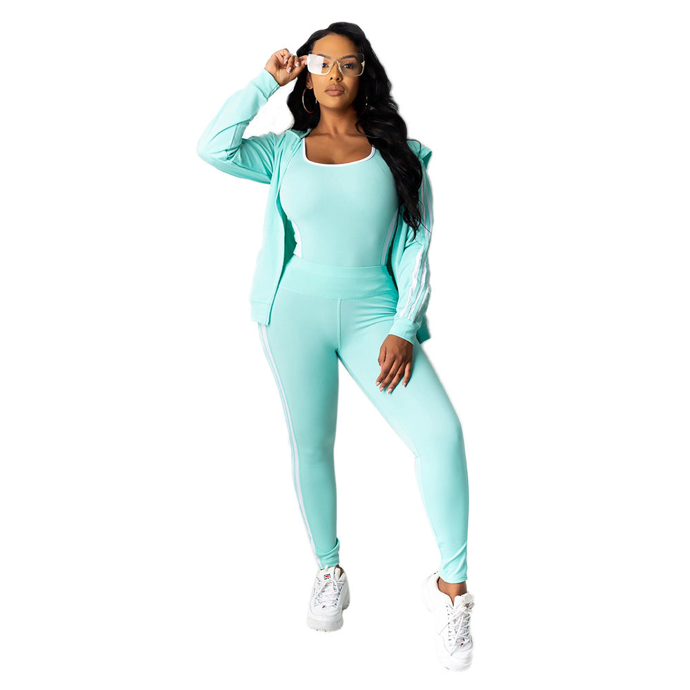 Women Long Sleeve Top Pant Tank Top Casual Sports Three-Piece 4