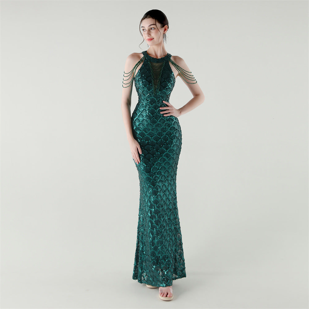 Round Neck Hollow Chain Fishtail Sequin Dress Luxury Formal Party Gown 10