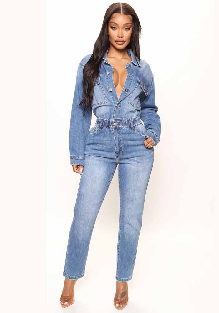 Women Long Sleeve Denim Jumpsuit