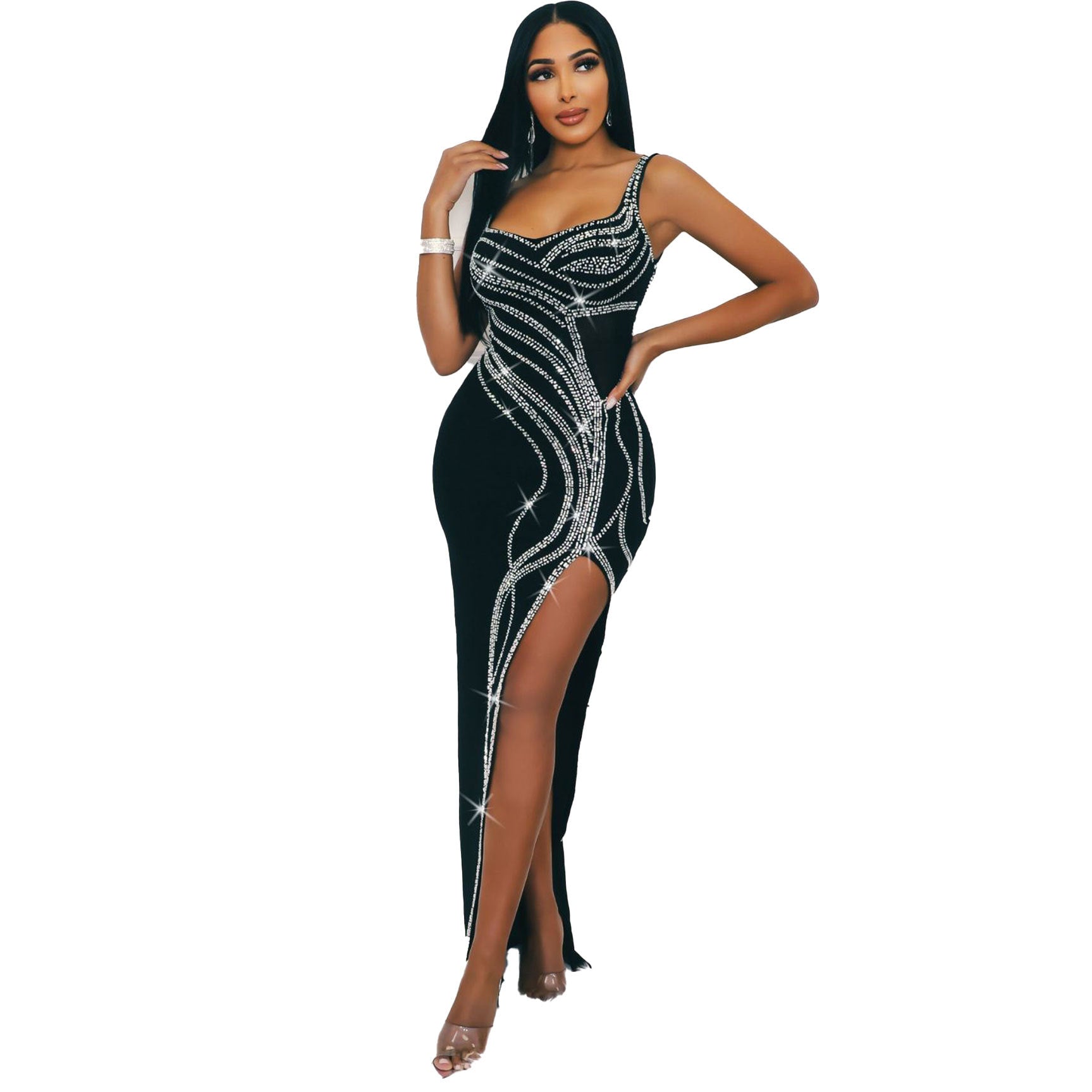 Women Sexy Beaded Sleeveless Bodycon Slit Dress 8