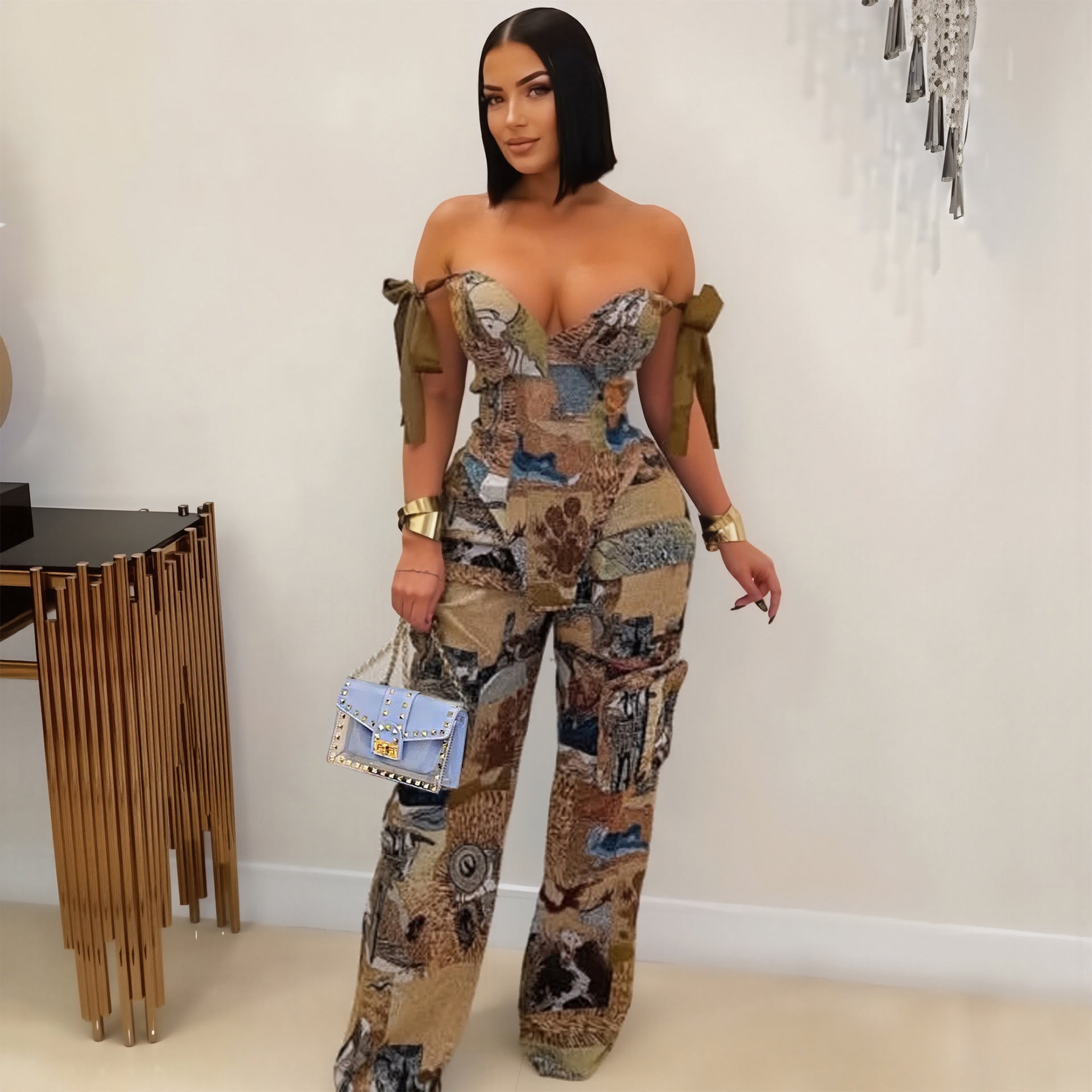 Printed Lace-Up Drawstring Multi-Pocket Two Piece Pants Set 4