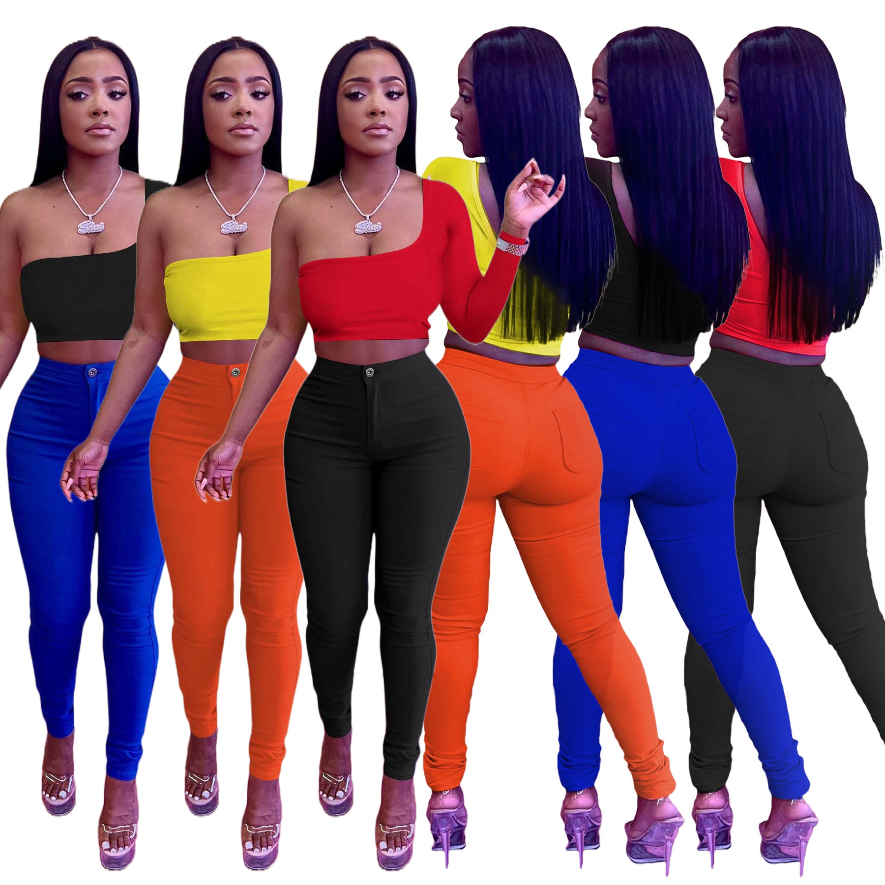 Trendy Color-Blocking Asymmetric Top Pants Two-Piece Set 7