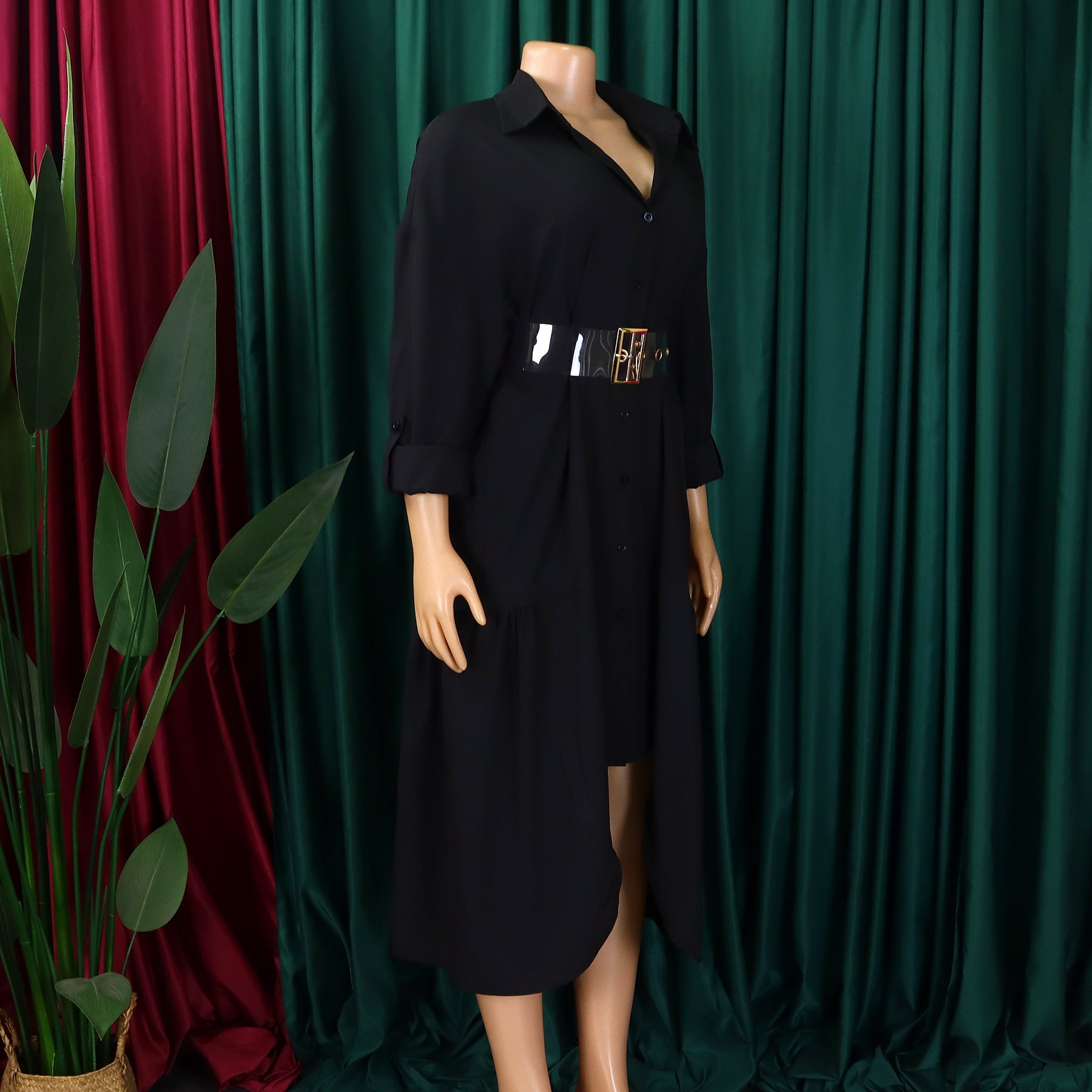 Women's Turndown Collar Solid Color Fashion Loose Casual Button Irregular Shirt Dress 26