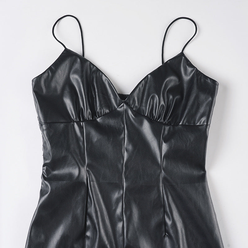 Women sexy V-neck halter slit stretchy Pu-Leather bodycon dress 9