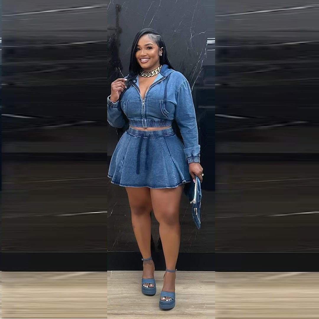 Women Casual Washed Long Sleeve Top and Denim Skirt Two-piece Set 9