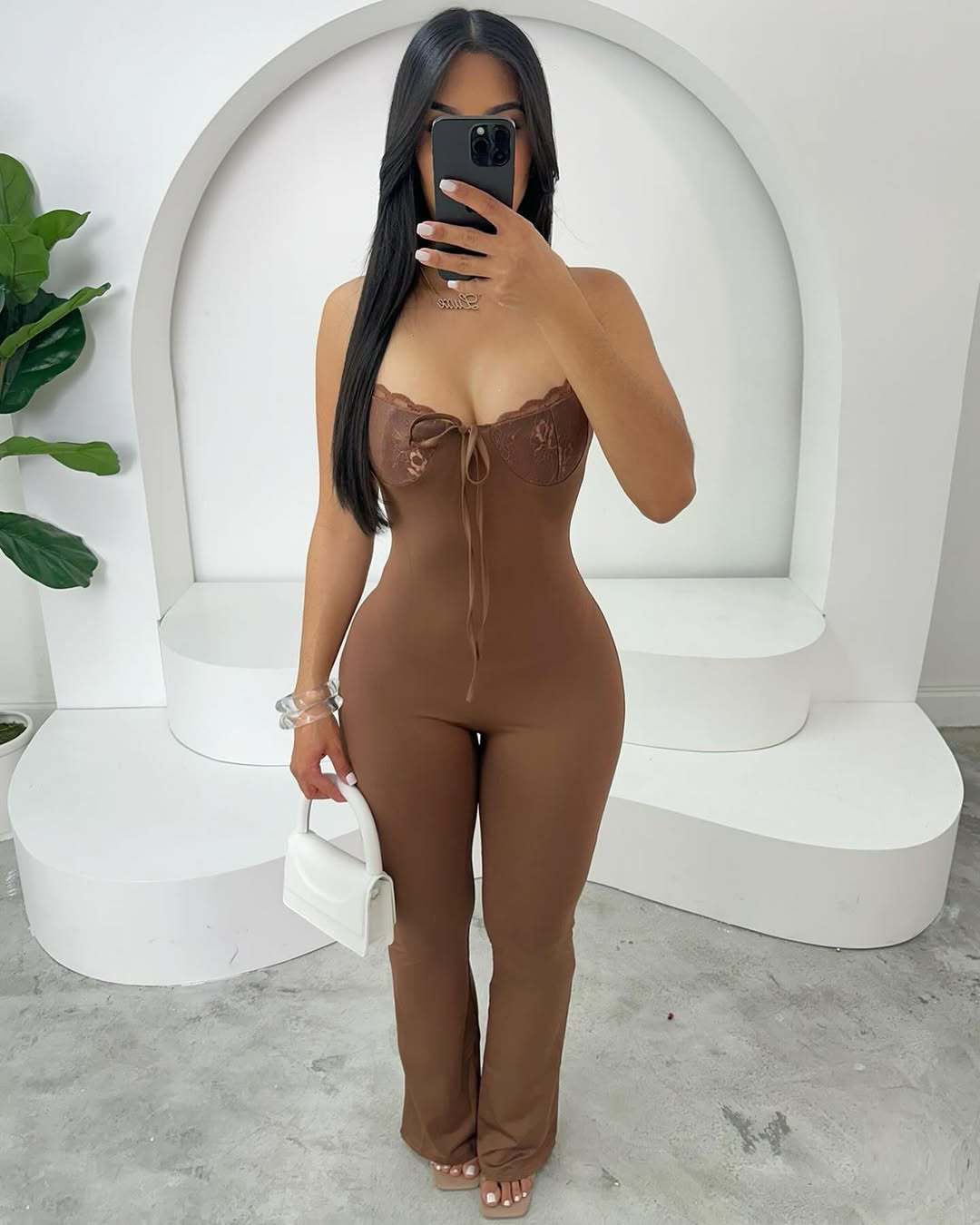 Solid color elastic slim sexy lace Patchwork bow Jumpsuit 6