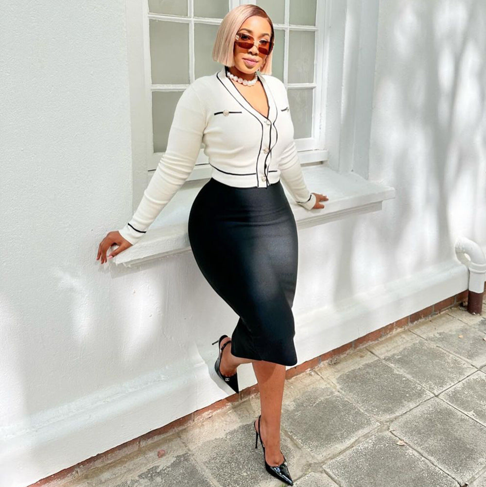 Women's knitting shirt fashion trend single-breasted long-sleeved v-neck cardigan jacket 5