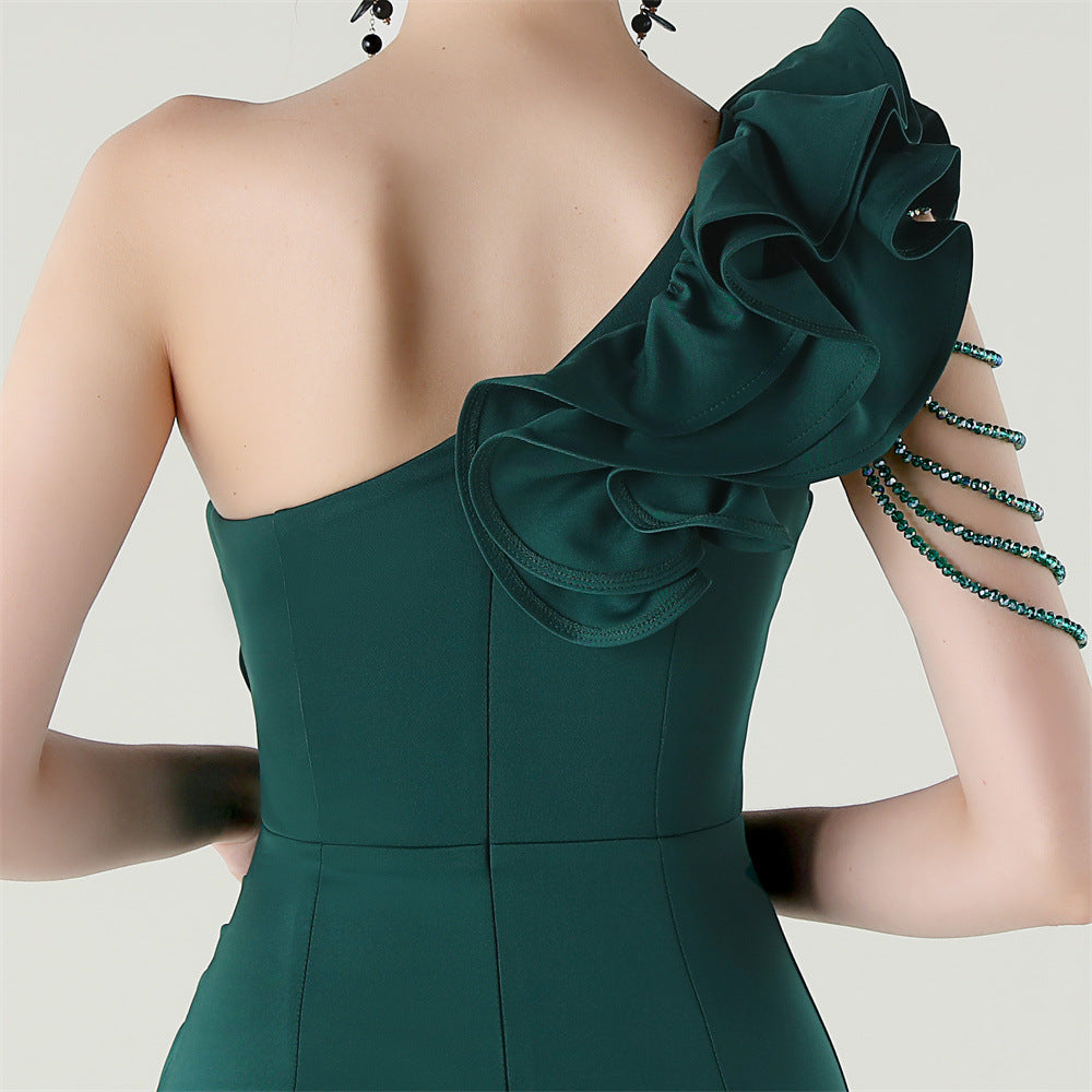 Women One-Shoulder Beaded Wool and Floral Satin Slit Sexy Evening Dress 68