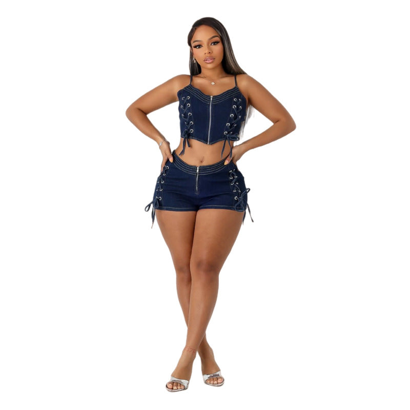 Women Lace-Up Vest AndStretchy Denim Shorts Two-Piece Set
