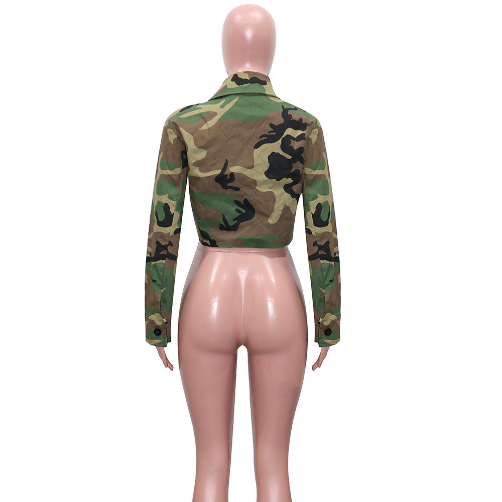 Women'S Long Casual Fashion Camouflage Print Big Pocket Turndown Collar Short Jacket 13