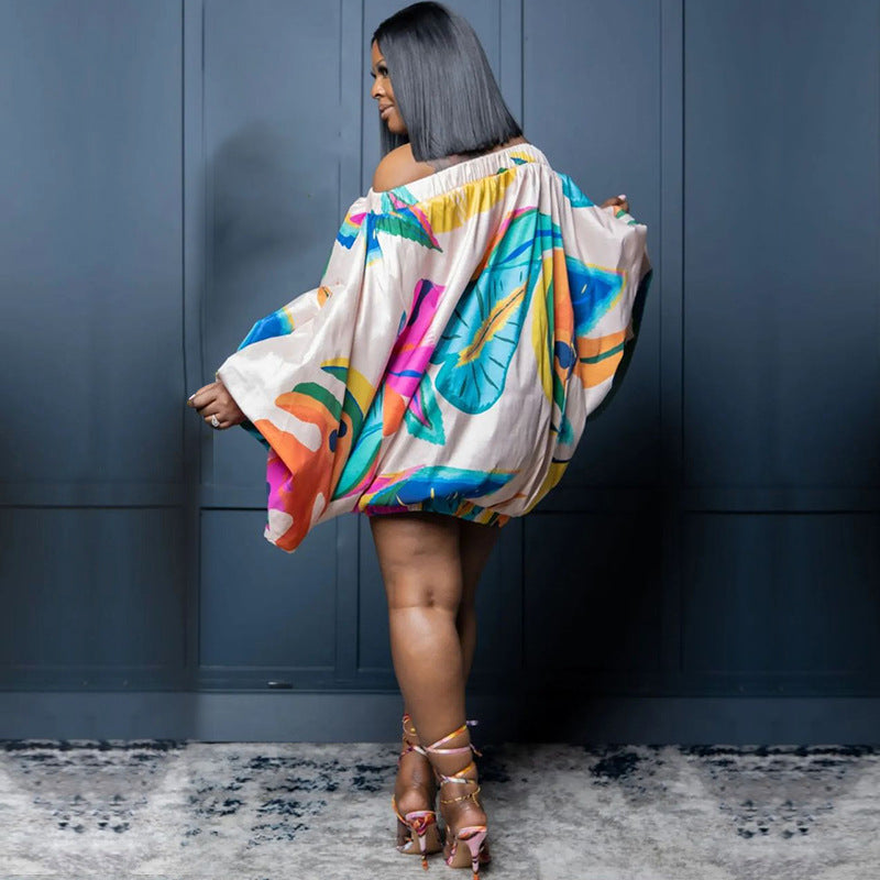 plus size off shoulder printed bat long sleeve loose dress 36