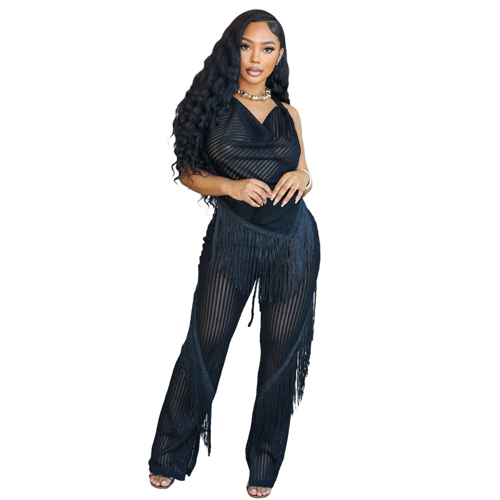 Women Halter Neck lace-up sleeveless Backless Top and sexy tassel trousers 9