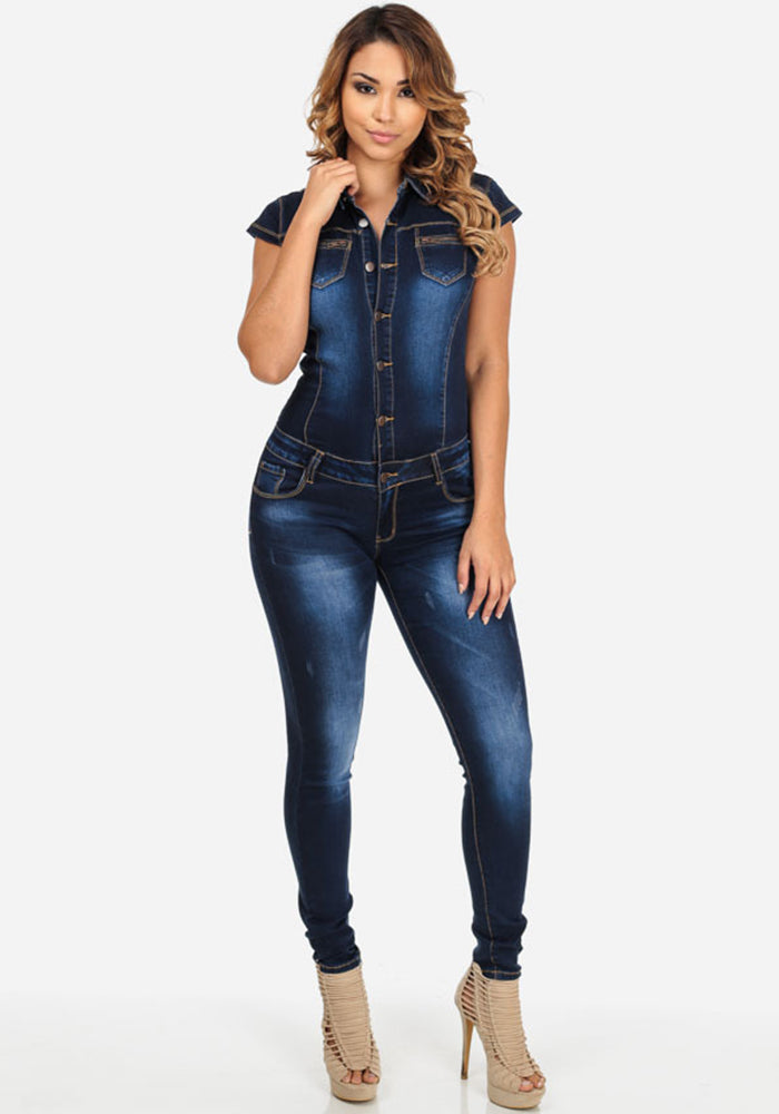 Short Sleeve Slim Fit Denim Jumpsuit