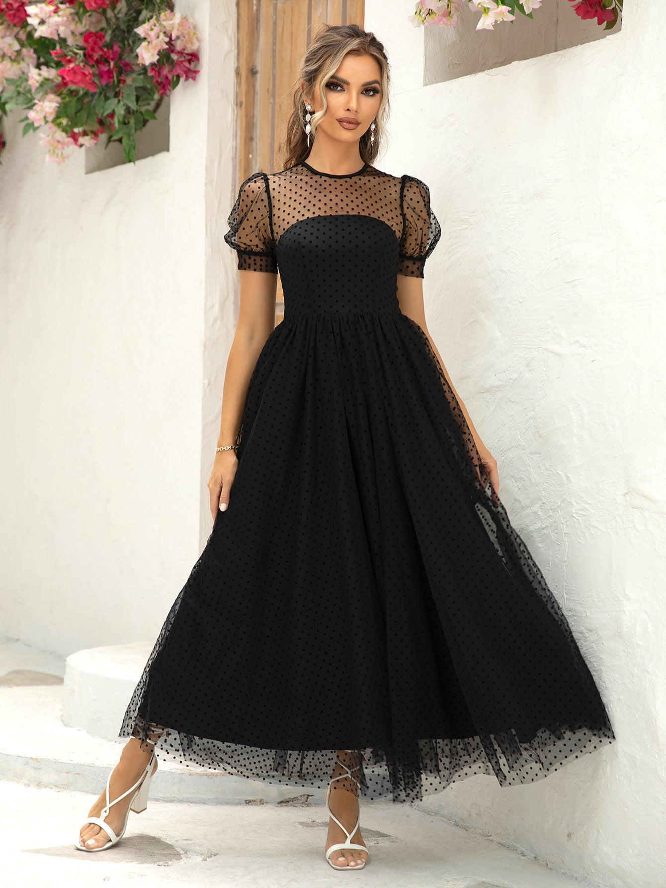 Women Puffy Short Sleeve Mesh Dress 6