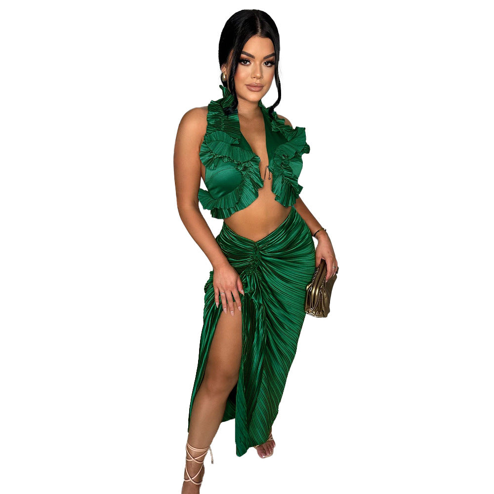 Fashionable Women's Solid Color Sleeveless Ruffled Halter Top Slit Pleated Skirt Two Piece Set 13