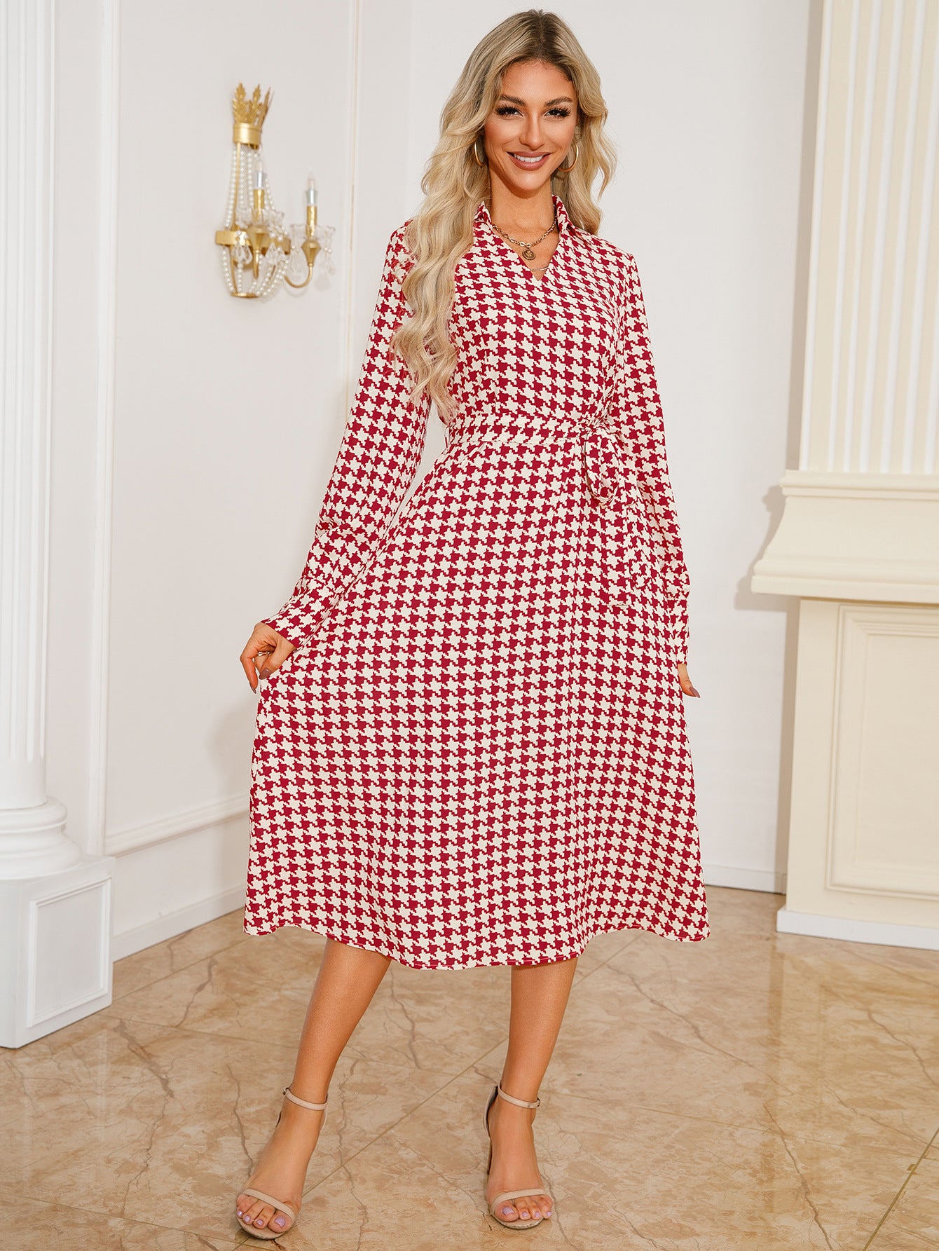 Autumn Long Sleeve V-Neck Houndstooth Print Belt Midi Casual Dress 6