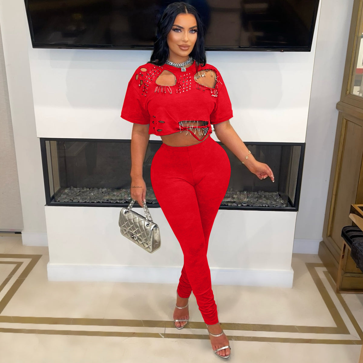 Spring/Summer Casual Ripped Pin Short Sleeve T-Shirt Pants Set 4