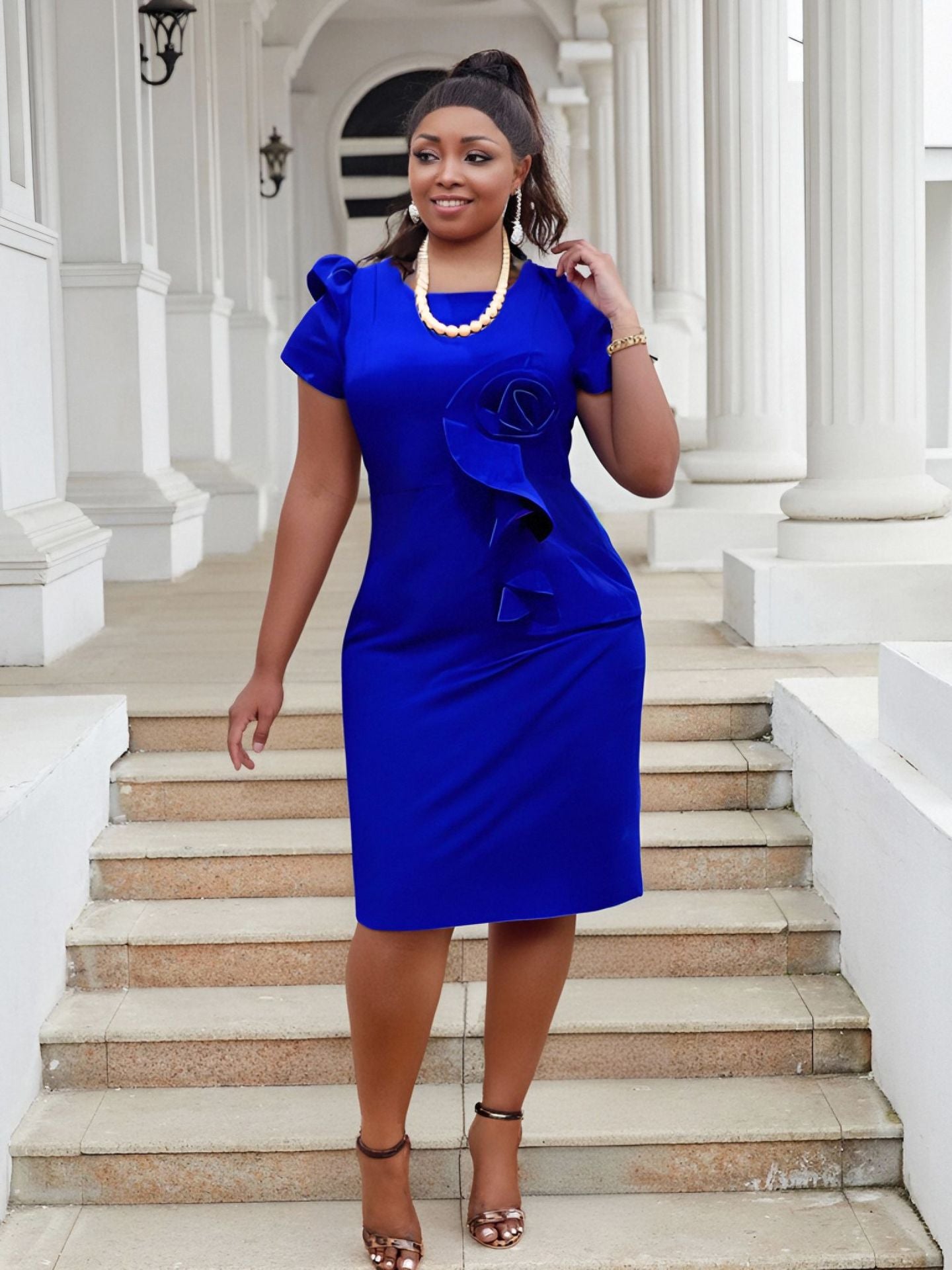 Plus Size Women Elegant Bodycon Ruffle Solid Dress 5