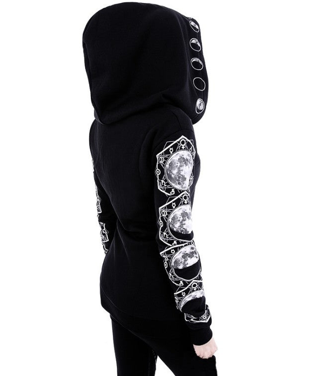 Women Black Punk Peng Hooded Moon Print Long Sleeve Top 5
