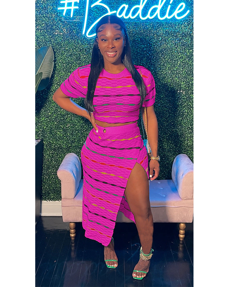 Women's Multi-Color Stripe Knitting Top Slit Skirt Two Piece Set 3